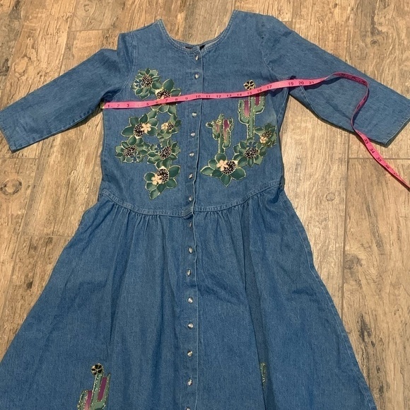 Women’s Sunbelt blue denim button up dress with a desert and cactus patch work - Picture 5 of 6